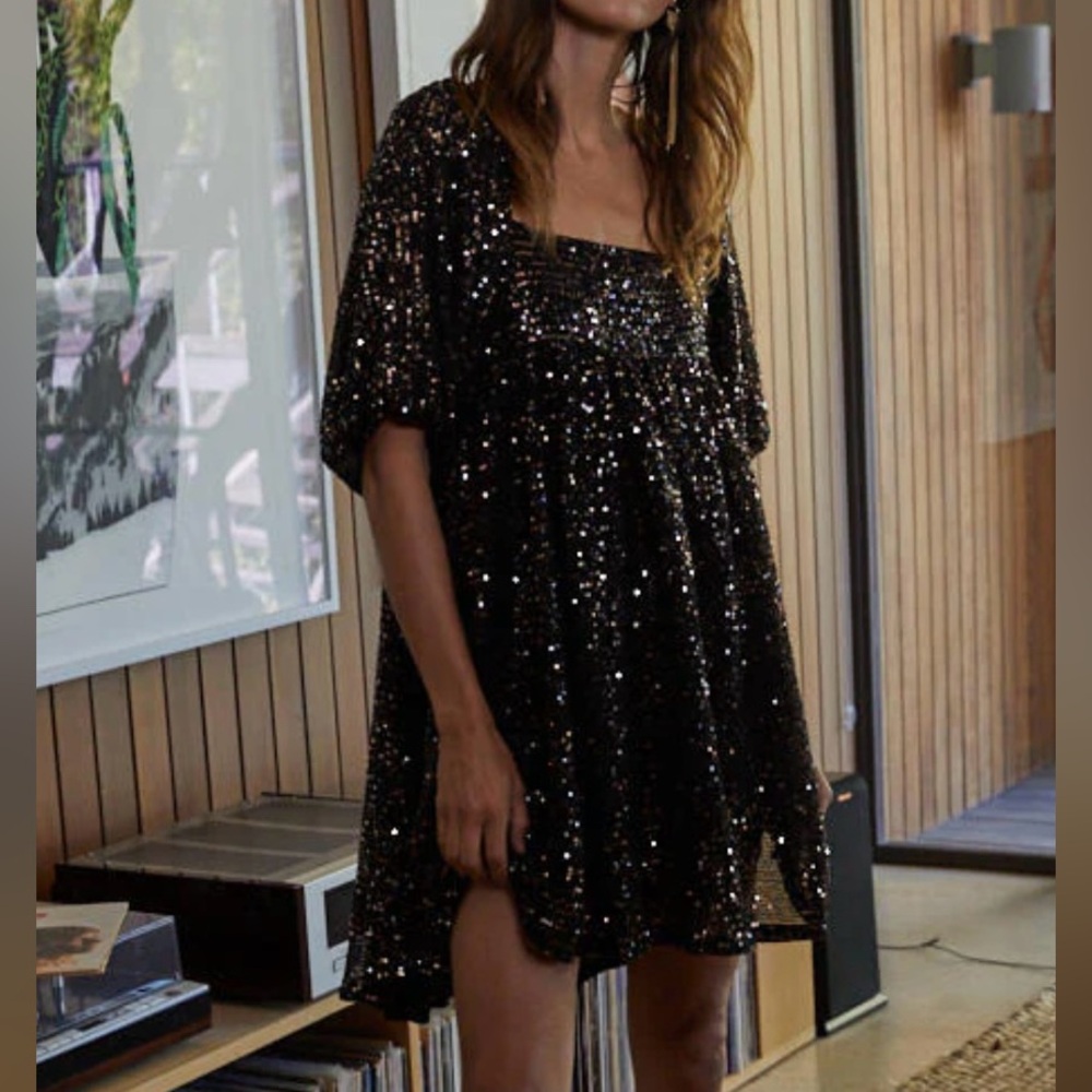Black Sequined Babydoll New Year’s Eve Christmas Party Dress Alice and Wonder